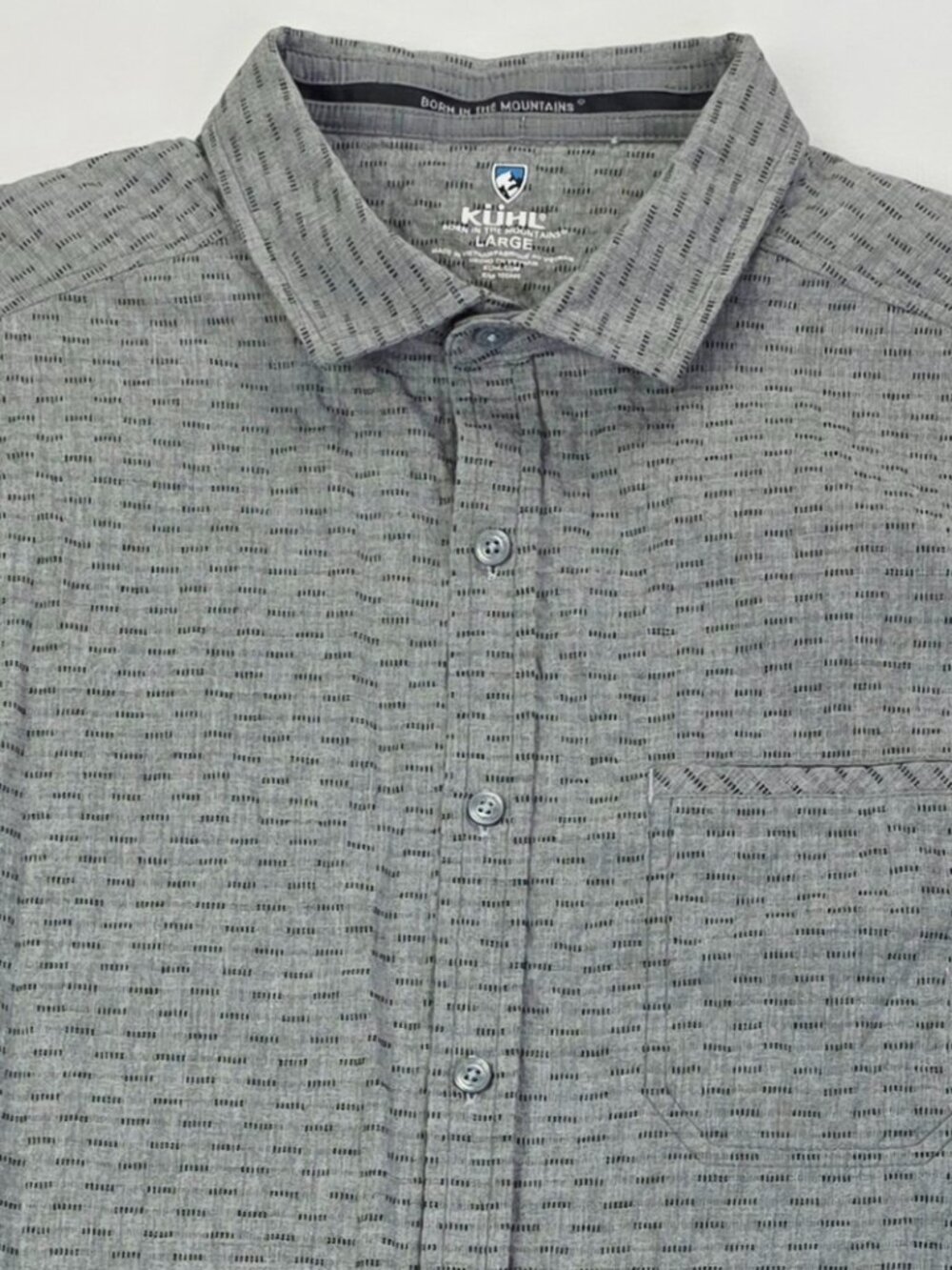 Kuhl Spread Collar Short Sleeve Logo Mens Gray Black Pattern Size Large Shirt
